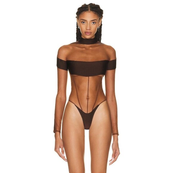 Mugler Tops - Mugler Long Sleeve Bodysuit in Chocolate & Nude 02 40 6 8 New Womens Top